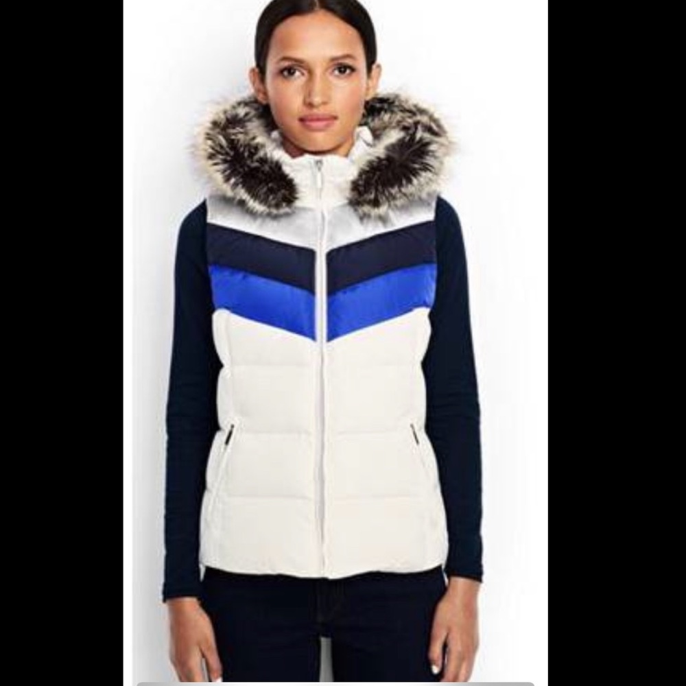 Lands' End Puffer Vest Down Hyperdry Fur Hooded White Blue  Color block NWT L